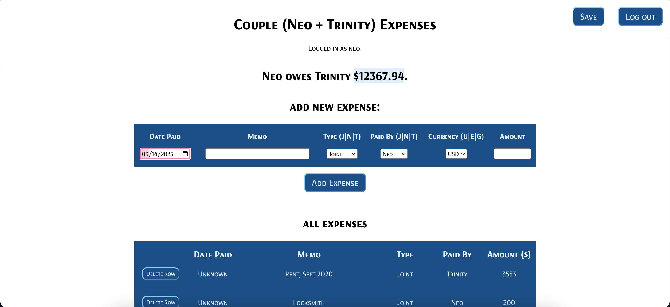 final version of the couples expenses app